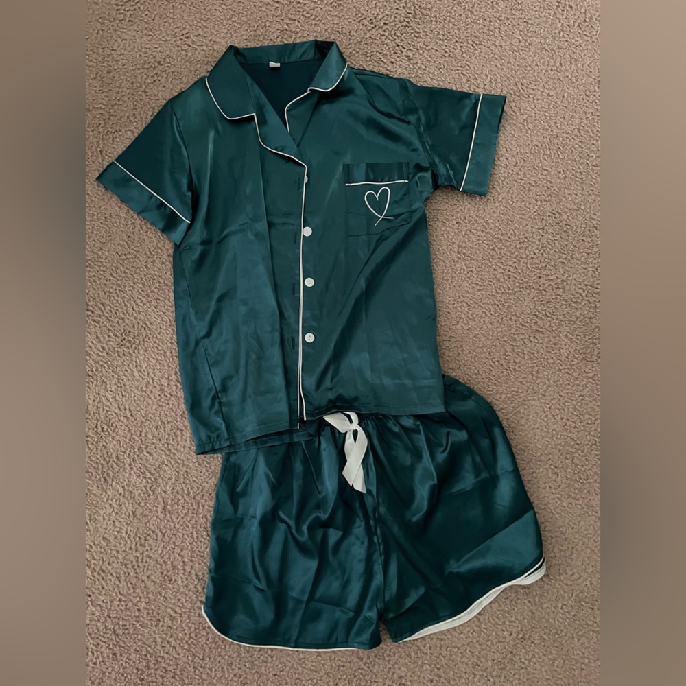 Green Satin Pajama Set with Heart Detail